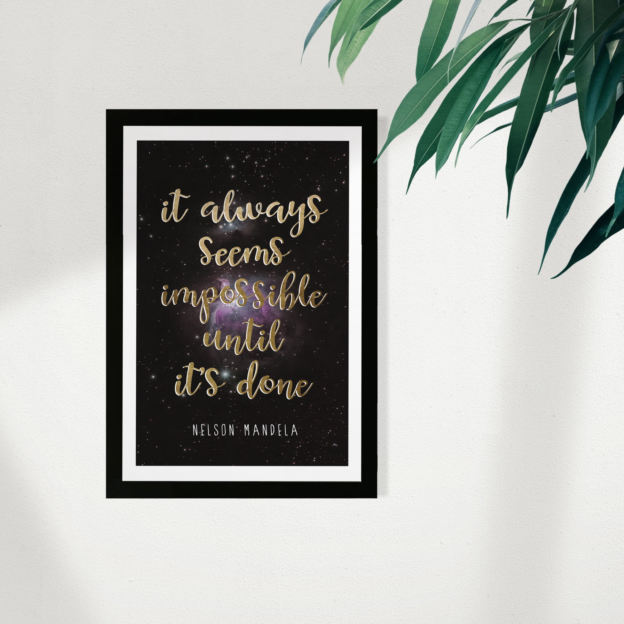 Wynwood Studio Typography Framed Wall Art Prints 'Impossible Until Its Done Galaxy' Inspirational quotes - Gold, Black, 13" x 19"
