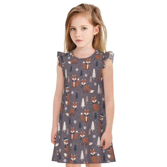 Fotbe Snowflake Fox Vestido de Dormir para Niñas de 3 a 10 Años, Mangas Cortas, Estilo Princesa, Pijama Camisón con Mangas Voladas-X-Large