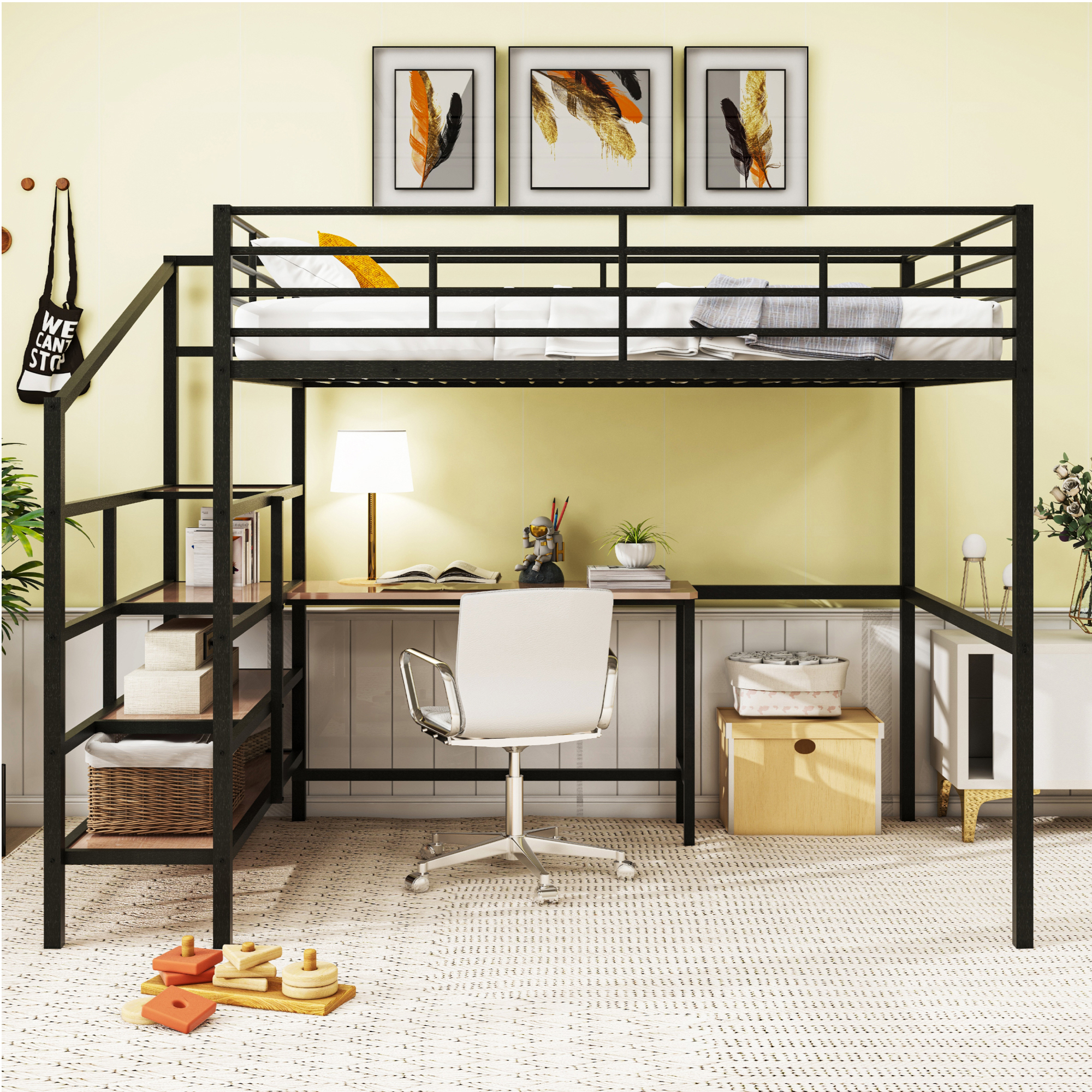 Full Size Loft Bed with Desk and Lateral Storage Ladder,Metal Loft Bed for Kids,Black