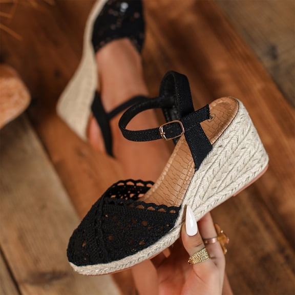 LTTVQM Womens Espadrilles Wedges Sandals Wedge Platform Sandals Mesh Comfortable Closed Toe Ankle Strap Buckle Casual Summer Wedge Heels Black 39(US-7.5)