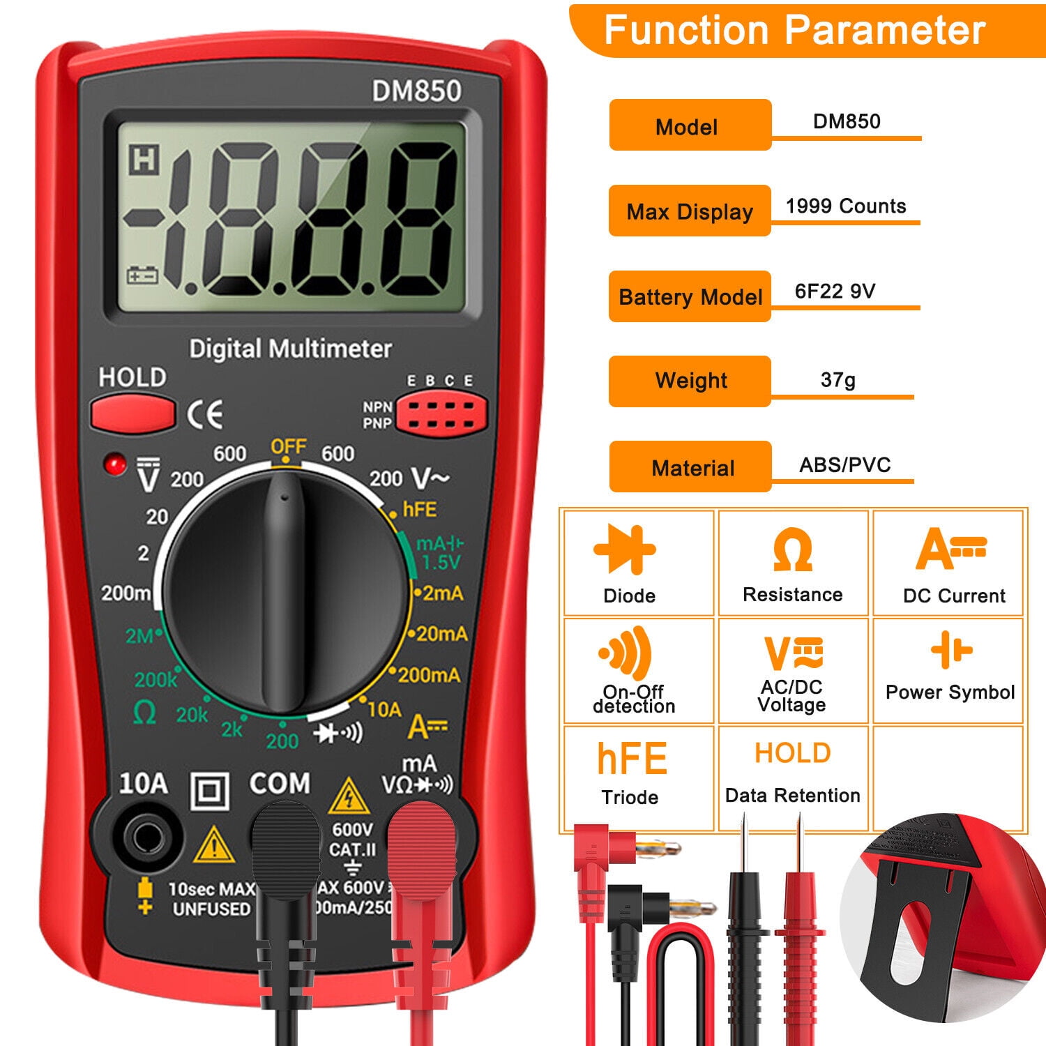 Venoro LCD Digital Multimeter Voltmeter Ammeter Ohmmeter Volt AC DC Tester Leads Meter