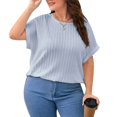 thumbnail image 1 of Top de verano para mujer, Top acanalado de manga corta con cuello redondo holgado de talla grande para mujer, 1 of 8