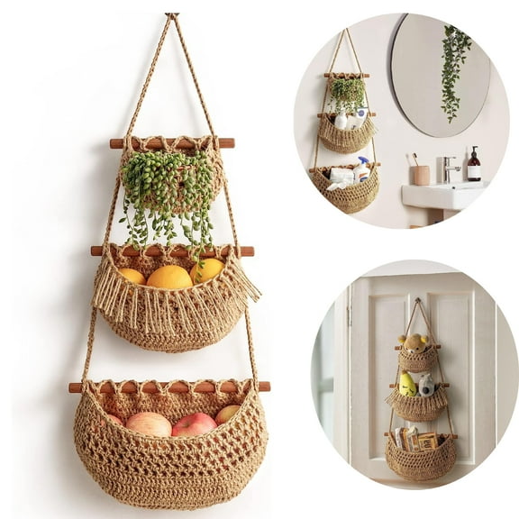 Oenbopo Hanging Fruit Basket, Handmade 3 Tier Woven Jute Wall Basket for Organizing,Hanging Produce Basket Fruit Vegetable Storage for Kitchen, Bedroom