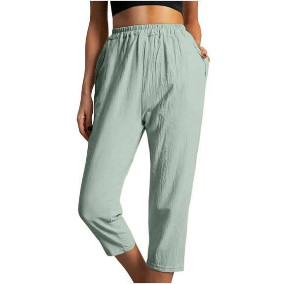 Womens Capri Pants Elastic High Waist Cotton Linen Straight Leg Cropped Trousers Casual Loose Comfy Summer Pants Mint Green
