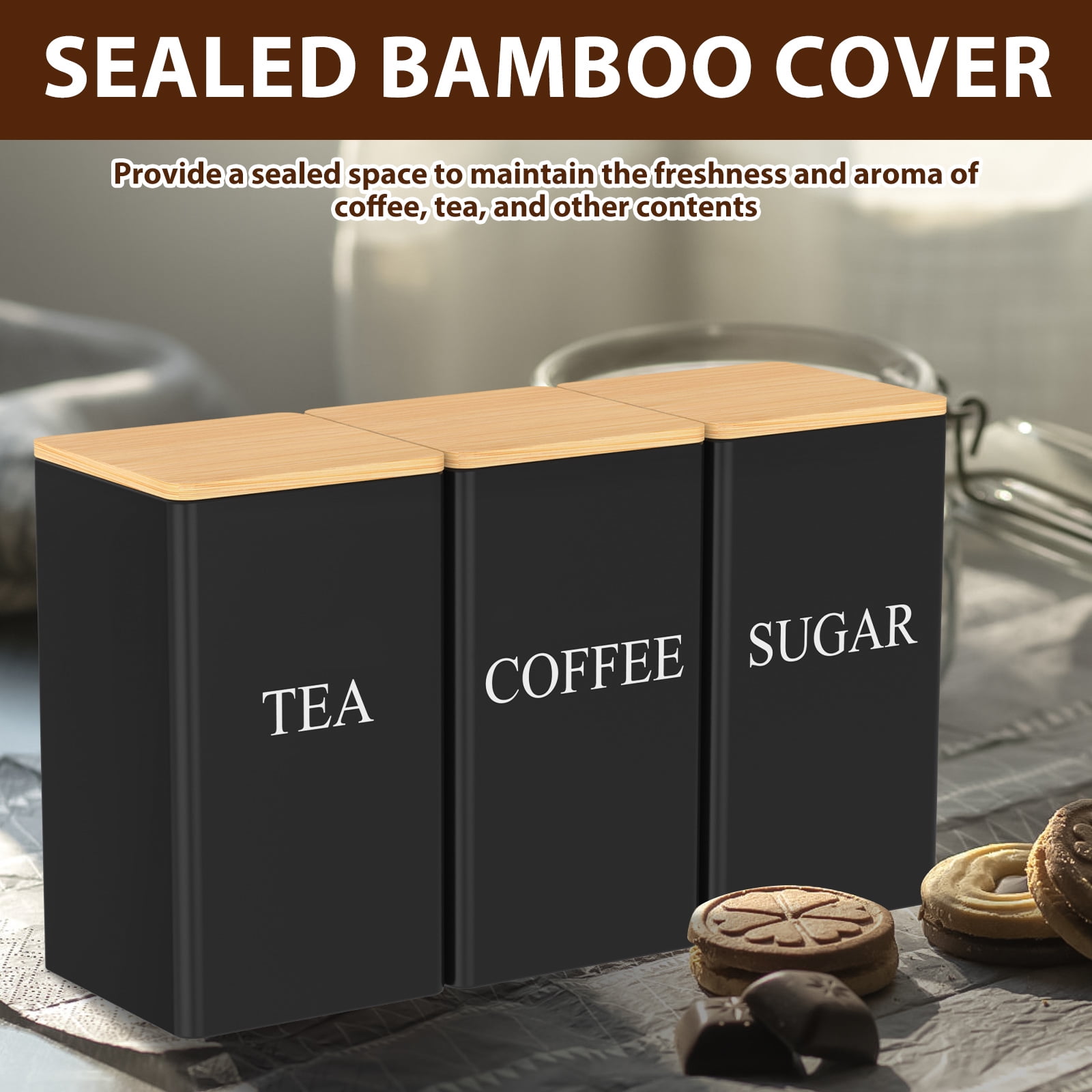 Tcwhniev 3 Pcs Coffee Tea Sugar Container Set with Bamboo Lid Metal Tea Coffee Sugar Canister Set for Kitchen Airtight Coffee Tea Sugar Food Storage Container
