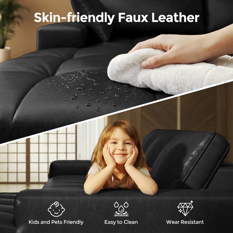 PATBRELA Sectional Sofa, 101" L-Shaped Deep Seat Cloud Couch, Modular Sofa with Back Cushion for Living Room Bedroom, PU Leather, No Assembly Required, Black (Left Facing Chaise)