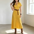 thumbnail image 2 of Morttic Women's Shirt Dress with Belt – Short Sleeve Solid Color Summer Casual A-Line Maxi Dress for Office & Daily Wear Yellow，S, 2 of 6