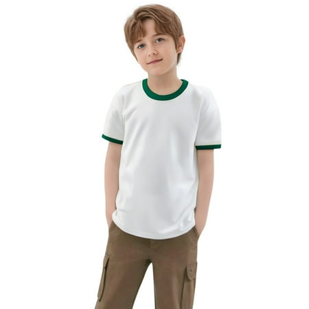 Rggeeun Teenage Boys T-Shirts Color Block Design Short Sleeve Crew Neck Knitted Top For Children And Kids Daily Versatile Tee Green 6-7 Years