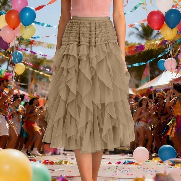 Womens Maxi Skirt Flowy High Waisted Tiered Layered Long Skirt Color Khaki Size One Size