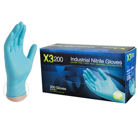 X3 Nitrile, Latex Free, Powder Free Industrial Disposable Gloves, Blue, Medium, 200/Box