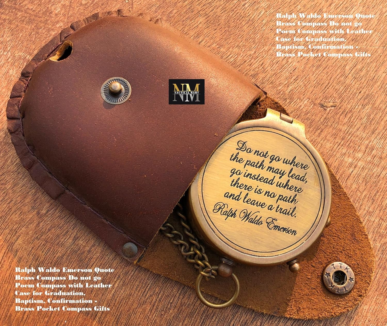 Ralph Waldo Emerson Quote Brass Compass Do not go Poem Compass with Leather Case for Graduation, Baptism, Confirmation - Brass Pocket Compass Gifts