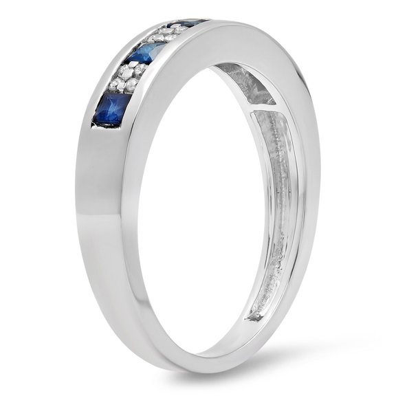 Dazzlingrock Collection 14K Round & Princess White Diamond & Blue Sapphire Anniversary Wedding Band Ring, White Gold, Size 8