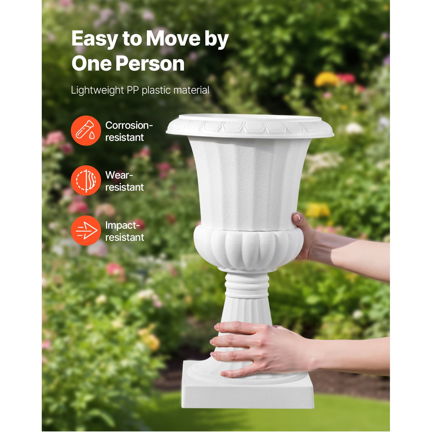 KFFKFF Plastic Urn Planters, 9.8 x 16.5 Inch, Set of 2 White Decorative Flower Pots for Indoor & Outdoor Use, Ideal for Weddings, Events, Home, Garden, Balcony, Patio, and Stage Decorations