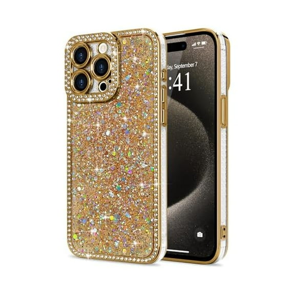 for iPhone 15 Pro Case Glitter, Luxury Shiny Bling Sparkly Bumper Cover with Crystal Diamonds for Women Girls Soft TPU Slim Shockproof Protective Phone Case for iPhone 15 Pro 6.1", Gold