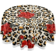 SKYSONIC 60" Red Rose Round Table Cloth Leopard Print Polyester Tablecloth Washable Tablecover for Party Dinner Home Decor