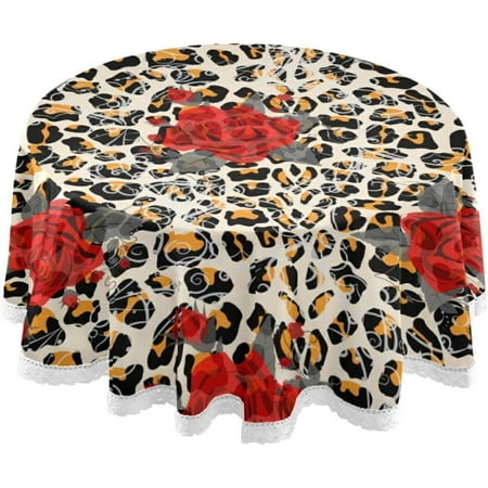 SKYSONIC 60" Red Rose Round Table Cloth Leopard Print Polyester Tablecloth Washable Tablecover for Party Dinner Home Decor