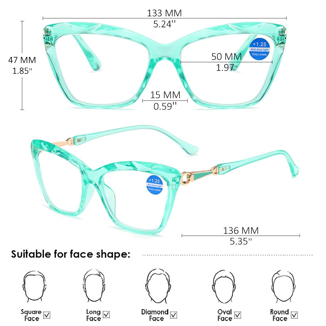 KOOSUFA Cat Eye Reading Glasses +3.5 Blue Light Blocking Fashion Crystal Frame Computer Readers Eyewear Eyeglasses for Women Cyan