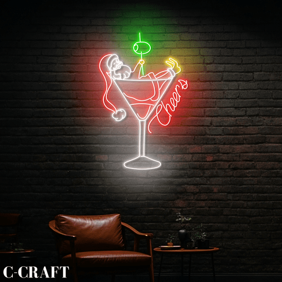 C-CRAFT Santa In Cocktail Glass Christmas Neon Led Light Wall Art for Cocktail Bar Decor
