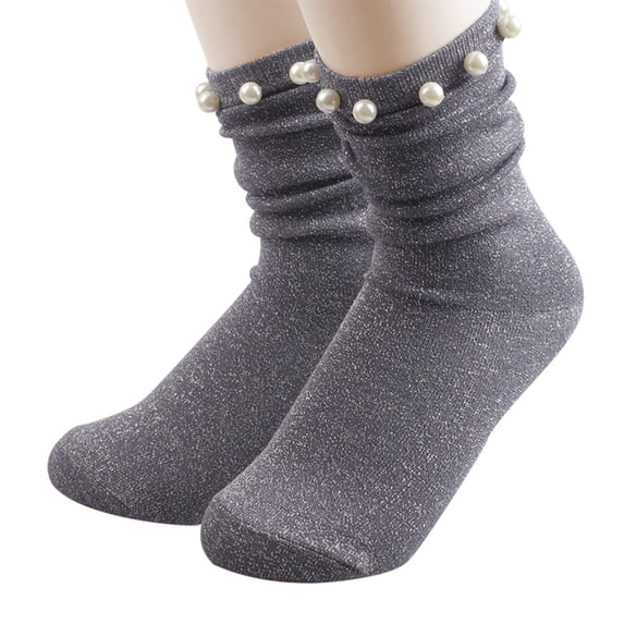 Wool Socks - Thick Warm Winter Socks Crew Cushion - Beaded Embellished Cozy and Novelty Womens Socks Dark Gray