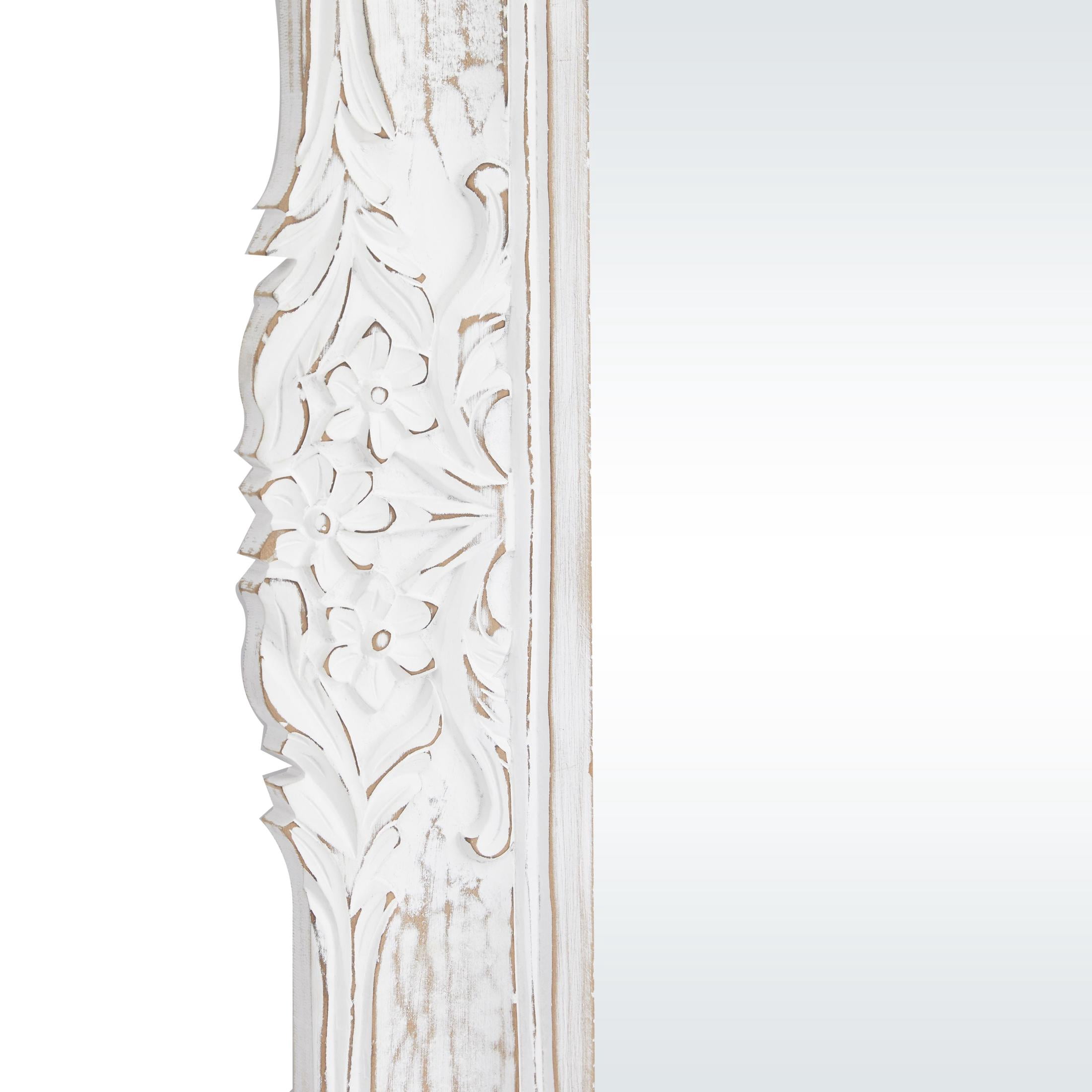 DecMode 36" x 69" White Intricately Carved Acanthus Floral Wall Mirror