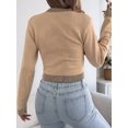 thumbnail image 5 of Women Casual Color Block Stripe Ribbed Crew Neck Slim Cropped Long Sleeve Knit Pullover Sweater Khaki M, 5 of 10