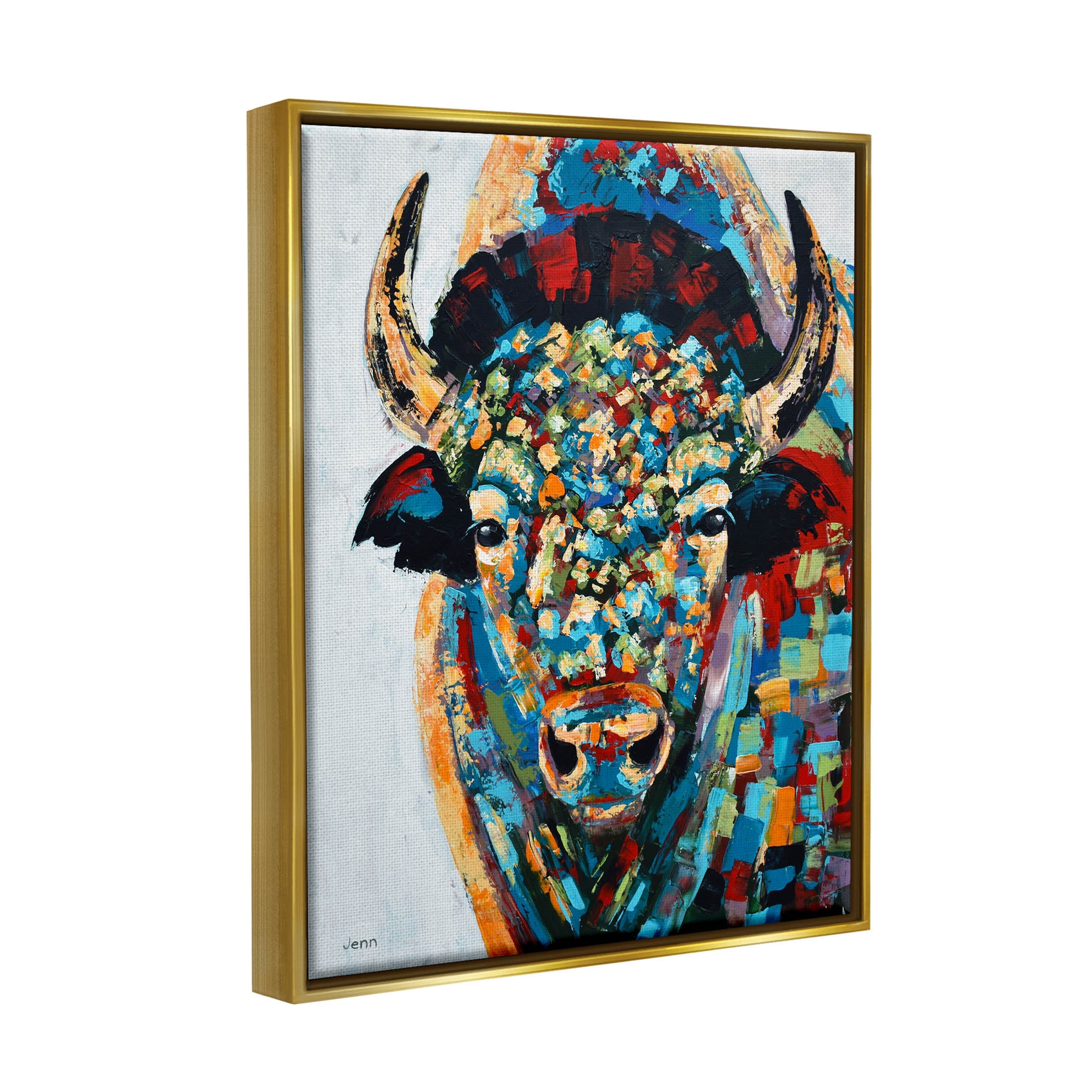 Abstract Bison Kaleidoscopic Strokes Animals & Insects Painting Metallic Gold Framed Art Print Wall Art