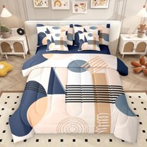 Homewish Geometric Stripes Circle 7 Pieces Bedding Comforter Set for Female Men Teens,Vintage Aesthetic Full Bedding Set Lightweight,Abstract Geometric Fitted Sheet Flat Sheet,Breathable Home Decor