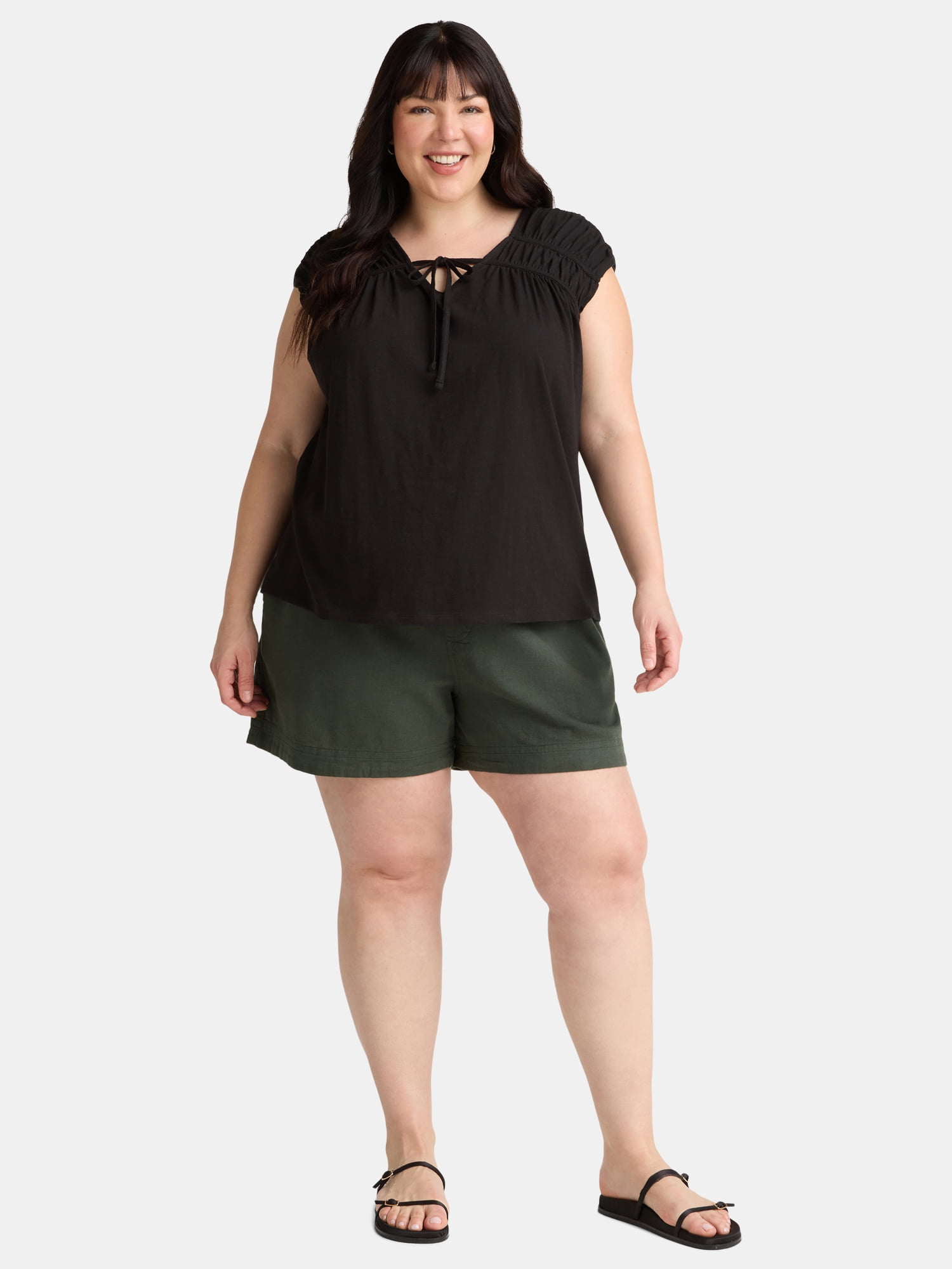 Terra & Sky Women's Plus Size Shirred Tie Top