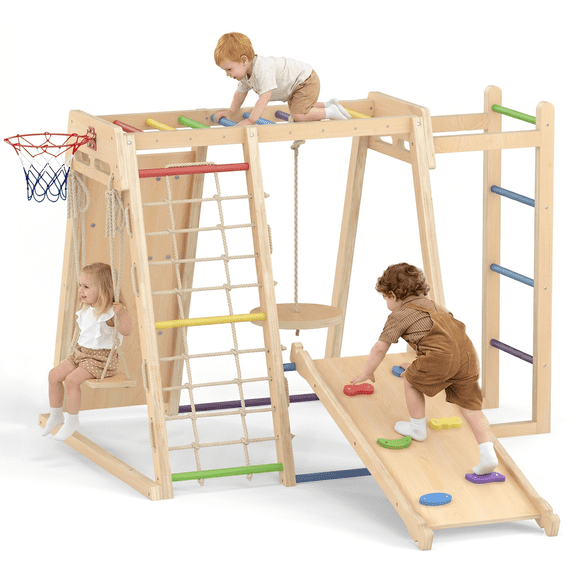 OLAKIDS Indoor Jungle Gym, 9 in 1 Wooden Montessori Baby Climbing Toys with Adjustable 2 Swings Ramp, Monkey Bar Basketball Hoop Ladder Climb Net