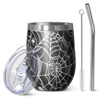 12oz Stemless Wine Tumblers Black Halloween Spider Webs Vacuum Insulated Stainless Steel Travel Tumbler Cups Mug with Lid and Straw for Champaign,Cocktail,Beer with Cleaning Brush