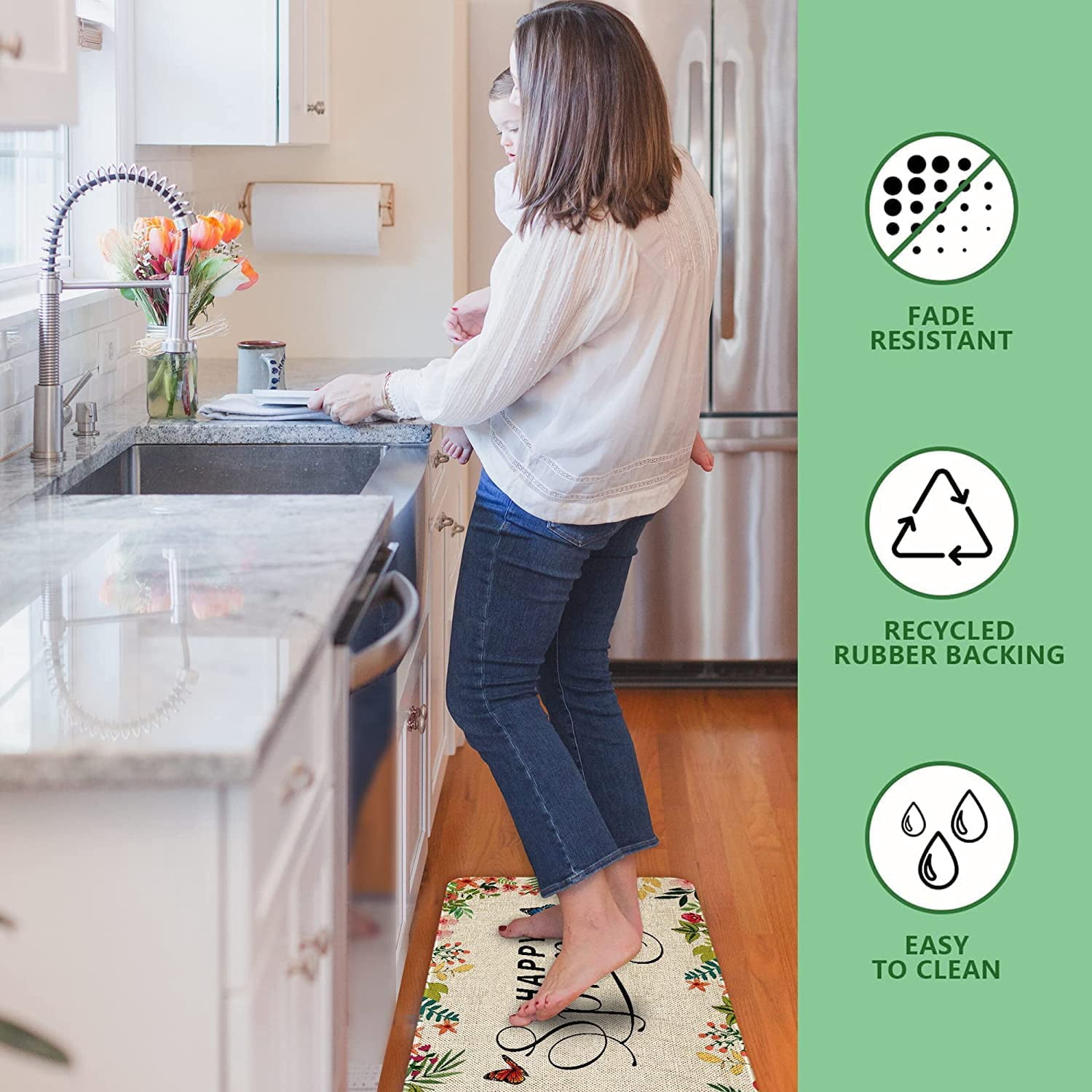 Happy Spring Outdoor Door Mat Flower Farmhouse Decor Welcome Mats Colorful Flowers Doormat Non Slip Rubber Floral Decorative Front Door Mats Indoor Rug 17" x 30"