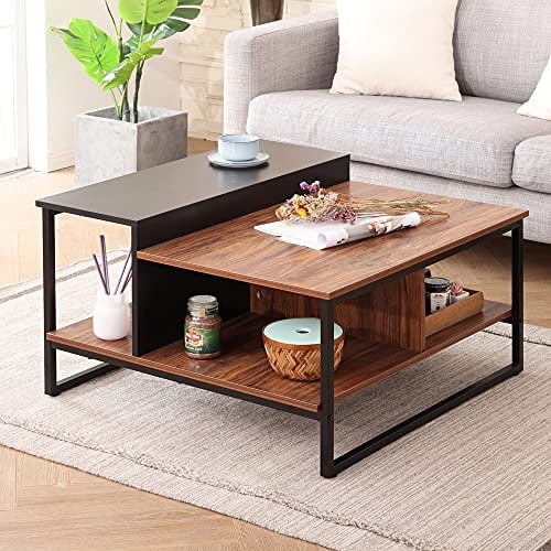 31.5 HOMOOI Industrial Square Coffee Table with Storage Shelves for Living Room Oak//Black Modern Wood Metal Center Table with 4 Open Large Storage Compartments
