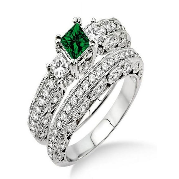 2 Carat Emerald & Diamond Antique Milgrain Trilogy Bridal set on 10k White Gold