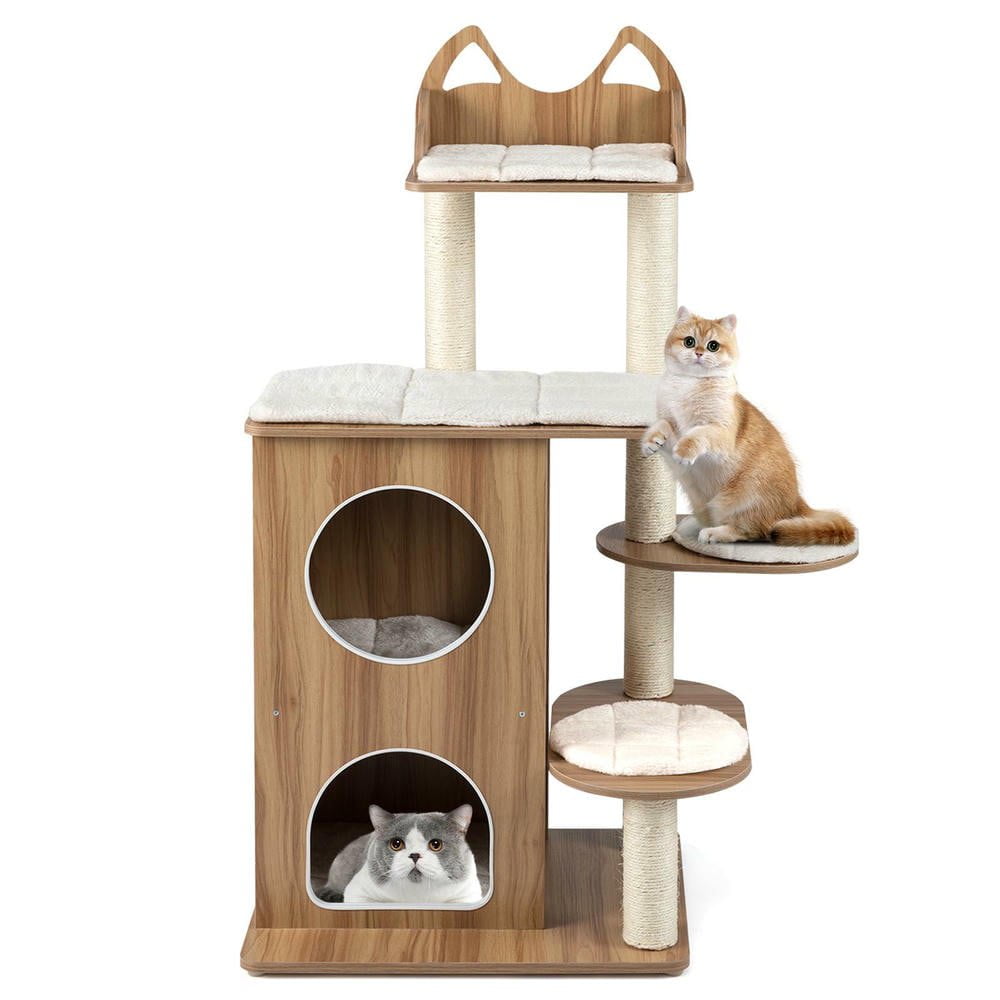 Resenkose 48-Inch Durable Wooden Cat Tree with 2-Floor Condo and Soft Washable Cushions for Kitten Comfort, Natural