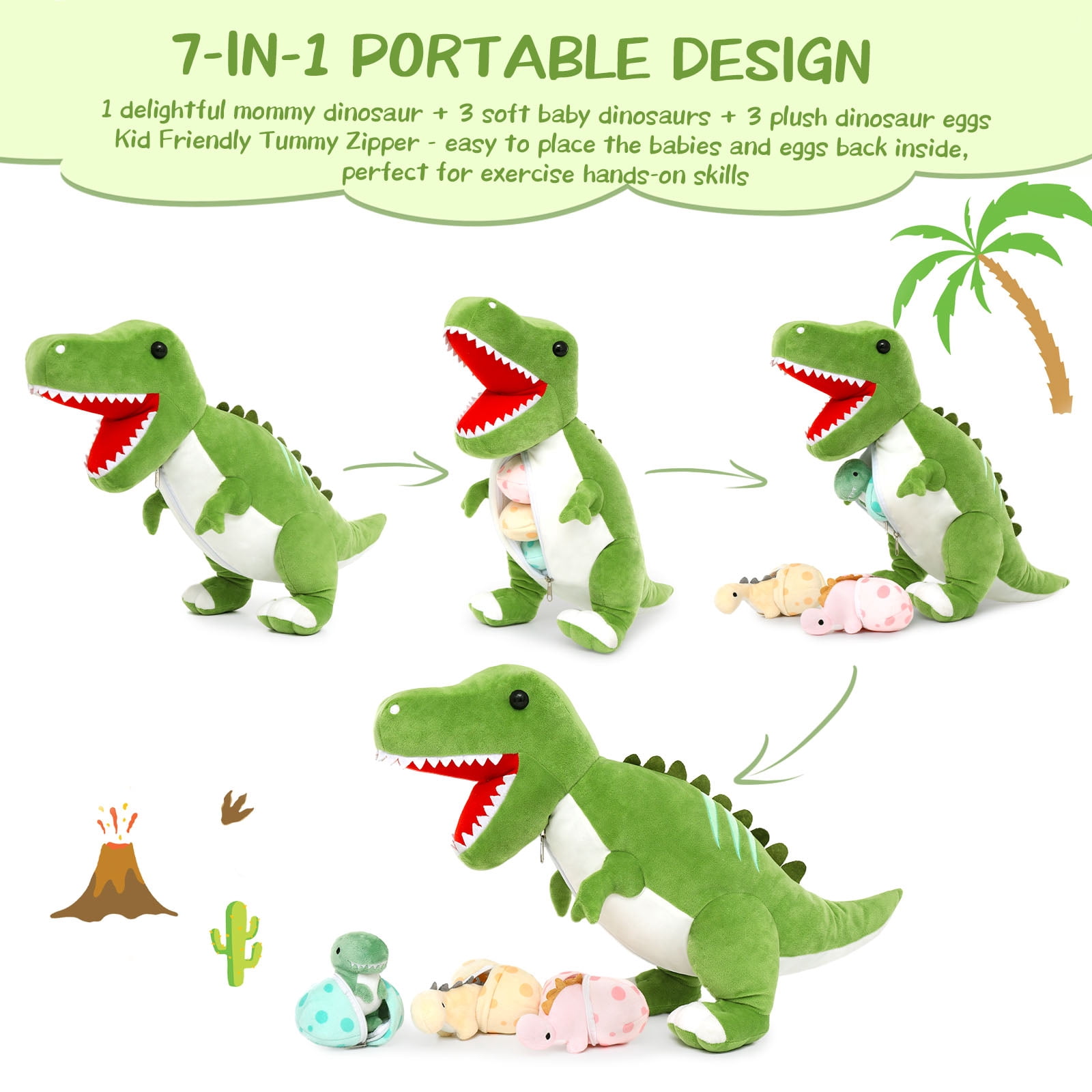 MorisMos 23.6" Green Dinosaur Stuffed Animal Mommy Dinosaur with 3 Baby Plush Toys