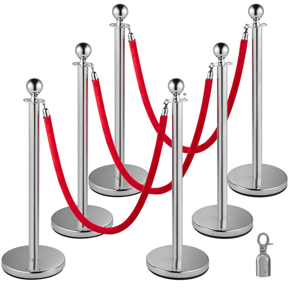 Stanchion Posts with Velvet Ropes, 6-Pack - Crowd Control Barriers for Events, Museums, Parties - 5FT Red Rope, Stainless Steel Queue Dividers