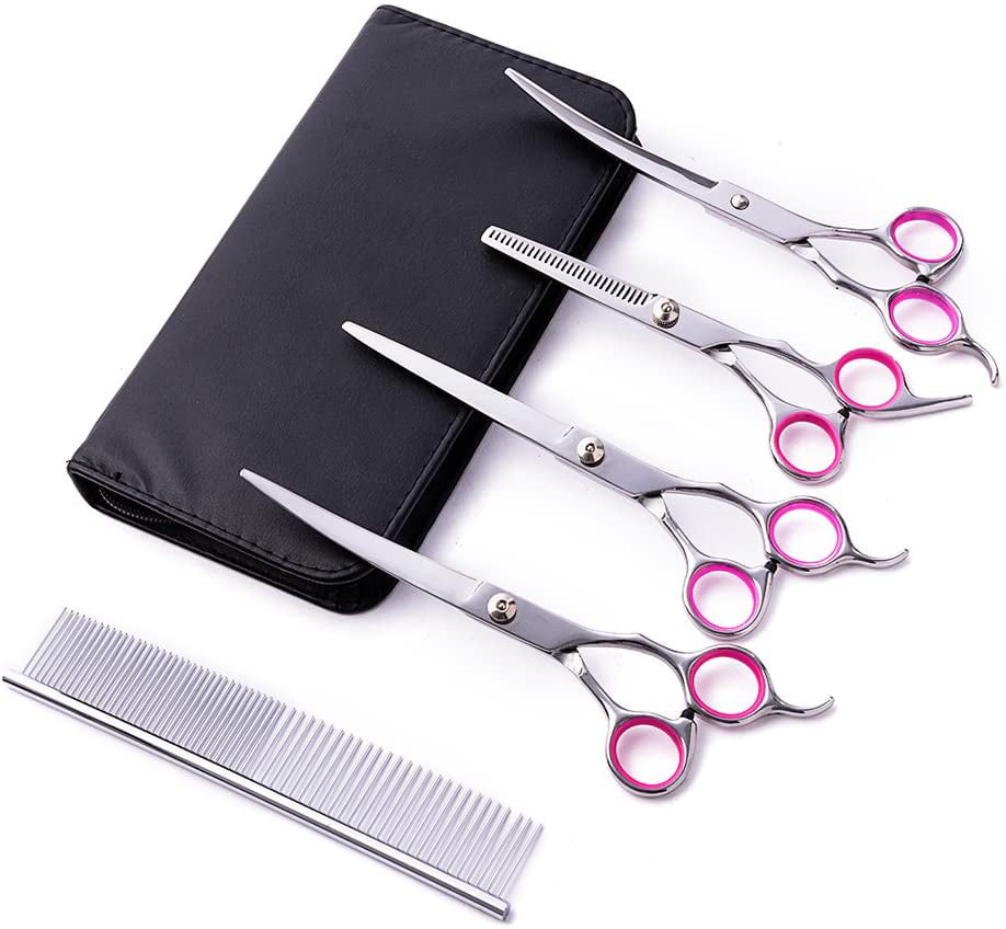 5pcs Pet Hair Scissors Set Dog Grooming Cutting Thinning Curved Shears Comb Kit 