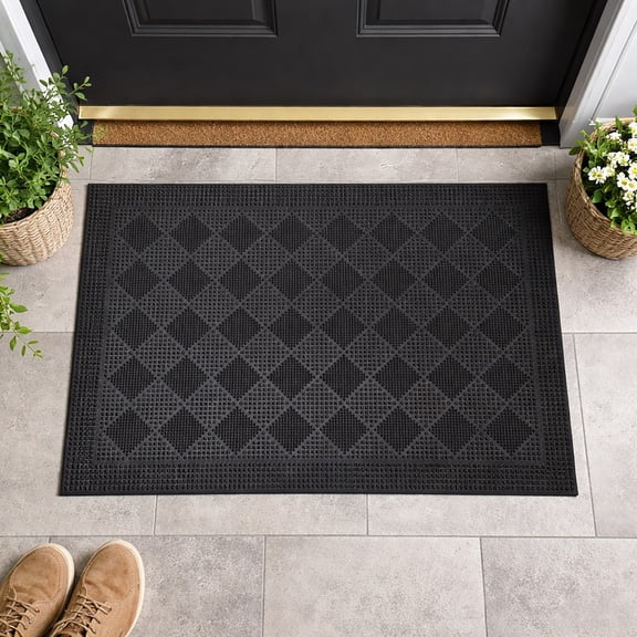 Outdoor Front Door Mat Drew Checkerboard Rubber Rug 24x16 Black