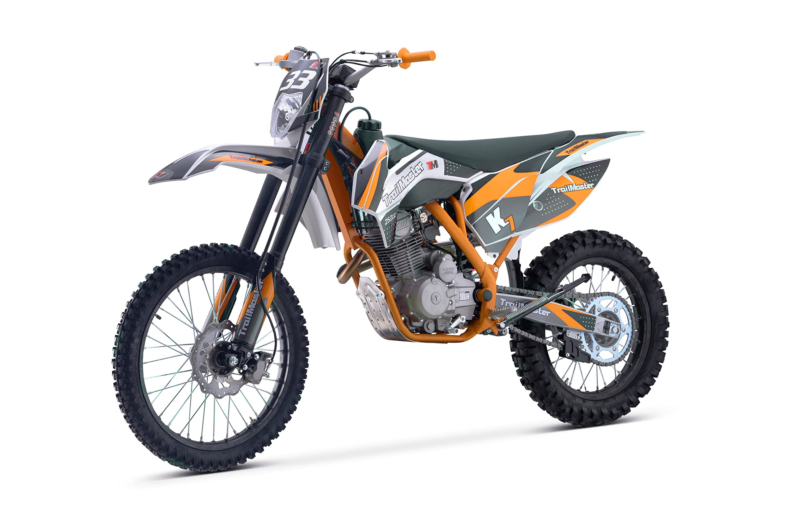 Trailmaster TM33 250cc Dirt Bike. Off-Road, LED Head Light, Manual 5 Speed, 21 inch Front tire, 37 inch seat Height (Orange)
