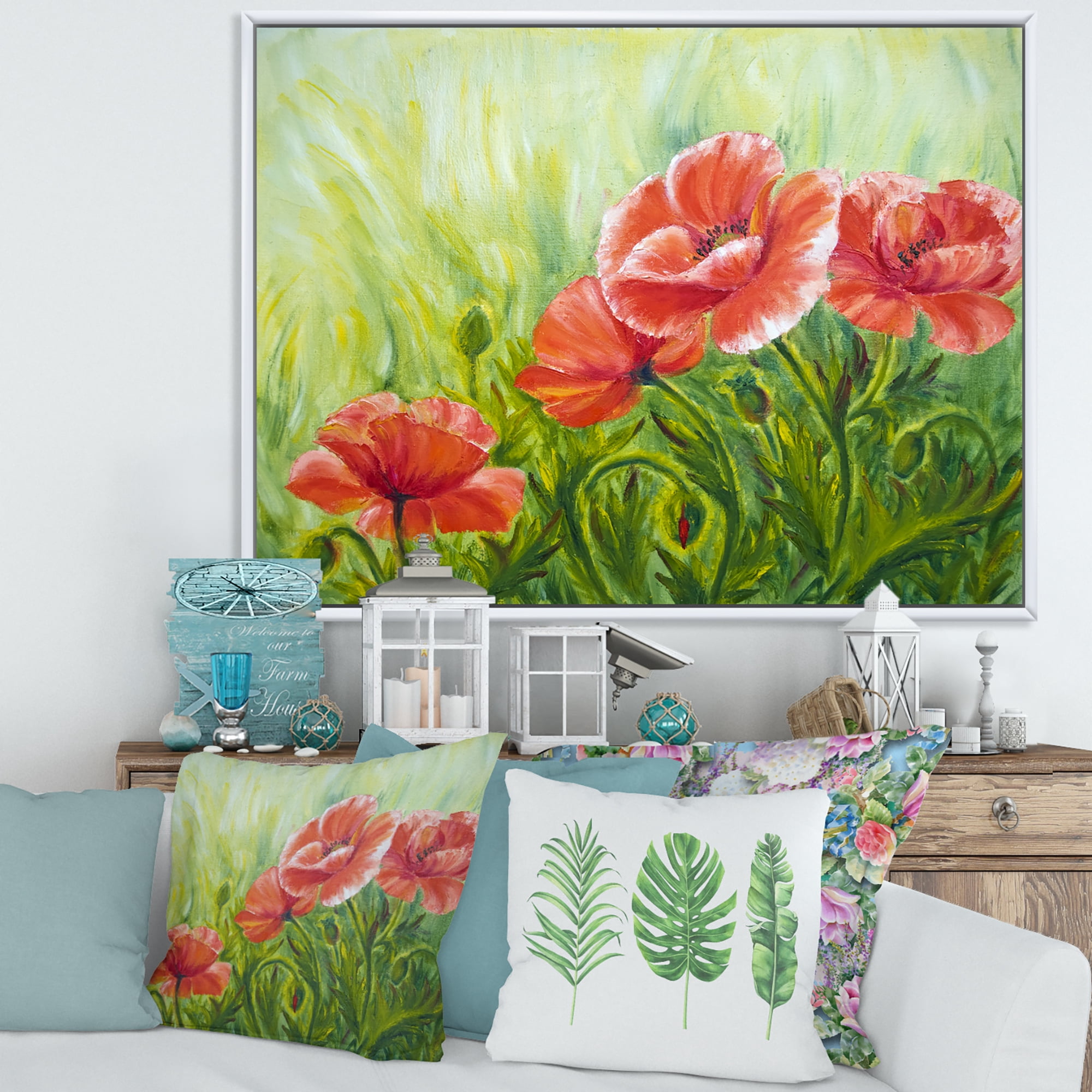 Designart 'Red Blossoming Poppies Over Wild Green III' Traditional Framed Canvas Wall Art Print