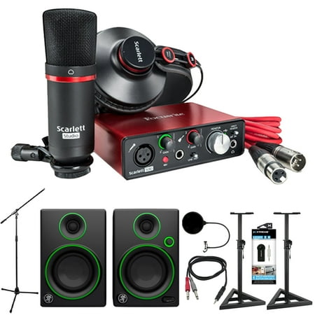 Focusrite Scarlett Solo Studio USB Audio Interface and Recording Bundle (2nd Gen) + Mackie CR Series CR3 Multimedia Monitors (Pair) + Quantity x2 Deco Mount PA Speaker Stand + (The Best Audio Interface For Home Studio)