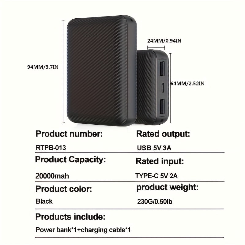 20000mAh Portable Power Bank, 1pc/2pcs, 5V 3A Output, Portable Charger, External Battery Pack for Heated Clothing, Jackets, Vests, Socks, Pads, Compatible with Smartphones, Tablets, Devices