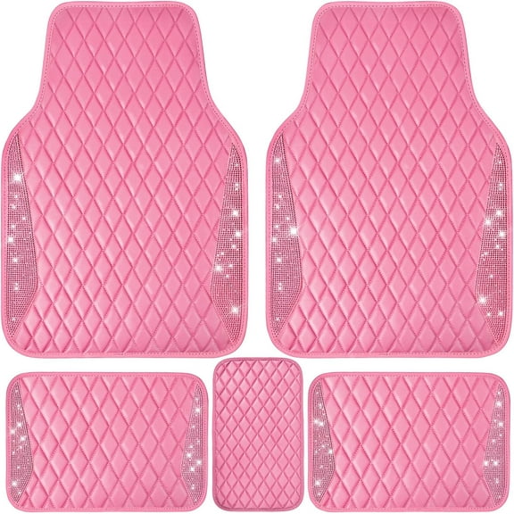 Bling Leather Car Mats Shining Diamond Floor Crystal Rhinestones Sparkly Glitter Carpet Anti-Slip Waterproof Pad Universal Fit for Automotive SUV, Sedan, Van, 5pcs Girl Women Pink