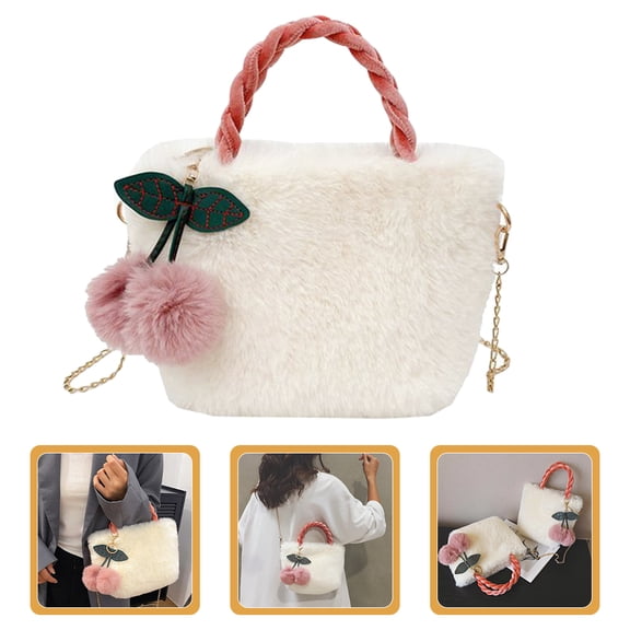 OFFIGAM White Plush Cherry Handbag Tote Bag Soft Comfortable Crossbody Purse for Women
