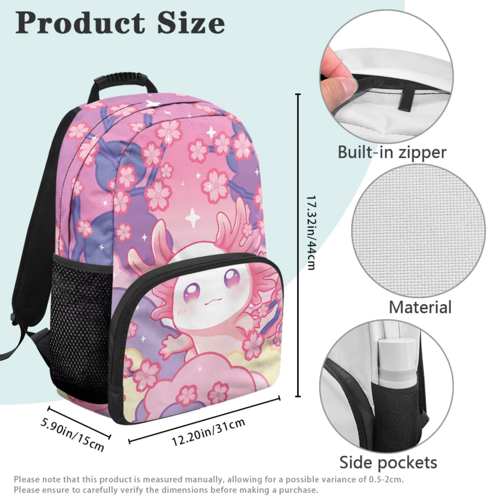 Pzuqiu Cherry Blossom Axolotl School Backpack Set for Girls Kids 17 Inch School Bookbag Casual Daypacks Travel Backpack 4 pcs with Lunch Box & Pencil Case Backpacks