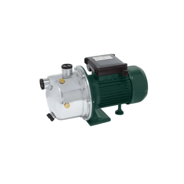 bomba auto jet 1/2 hp oakland bj 3512 bomba jet 1/2 hp color verde con cabezal de acero inoxidable y embobinado de cobre, motor montado horizontalmente, altura máxima 35 m y succión máxima 9 m, voltaje 120 V 60 Hz, conexión 1 x 1, vista 3/4 lateral sobre fondo blanco; adecuada también para sistemas domésticos de presión pequeños.