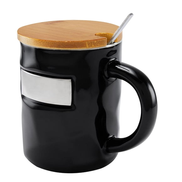 Taza de cerámica mate con tapa y cuchara de bambú-bambusa negro 7 x 10.2