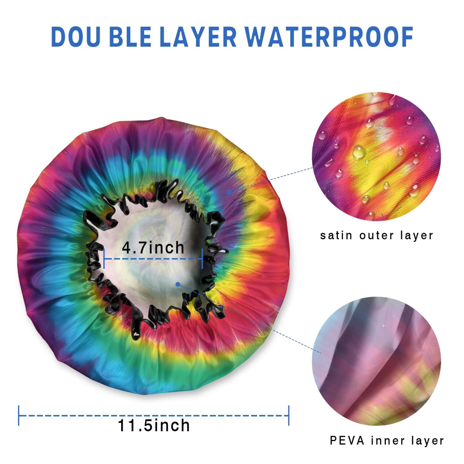 Shower Caps,Colorful Rainbow Tie Dye Spiral Pattern Waterproof Shower Cap for Women 4 Pieces,Double Reusable Hair Cover for Shower PEVA Elastic Stretch Hem