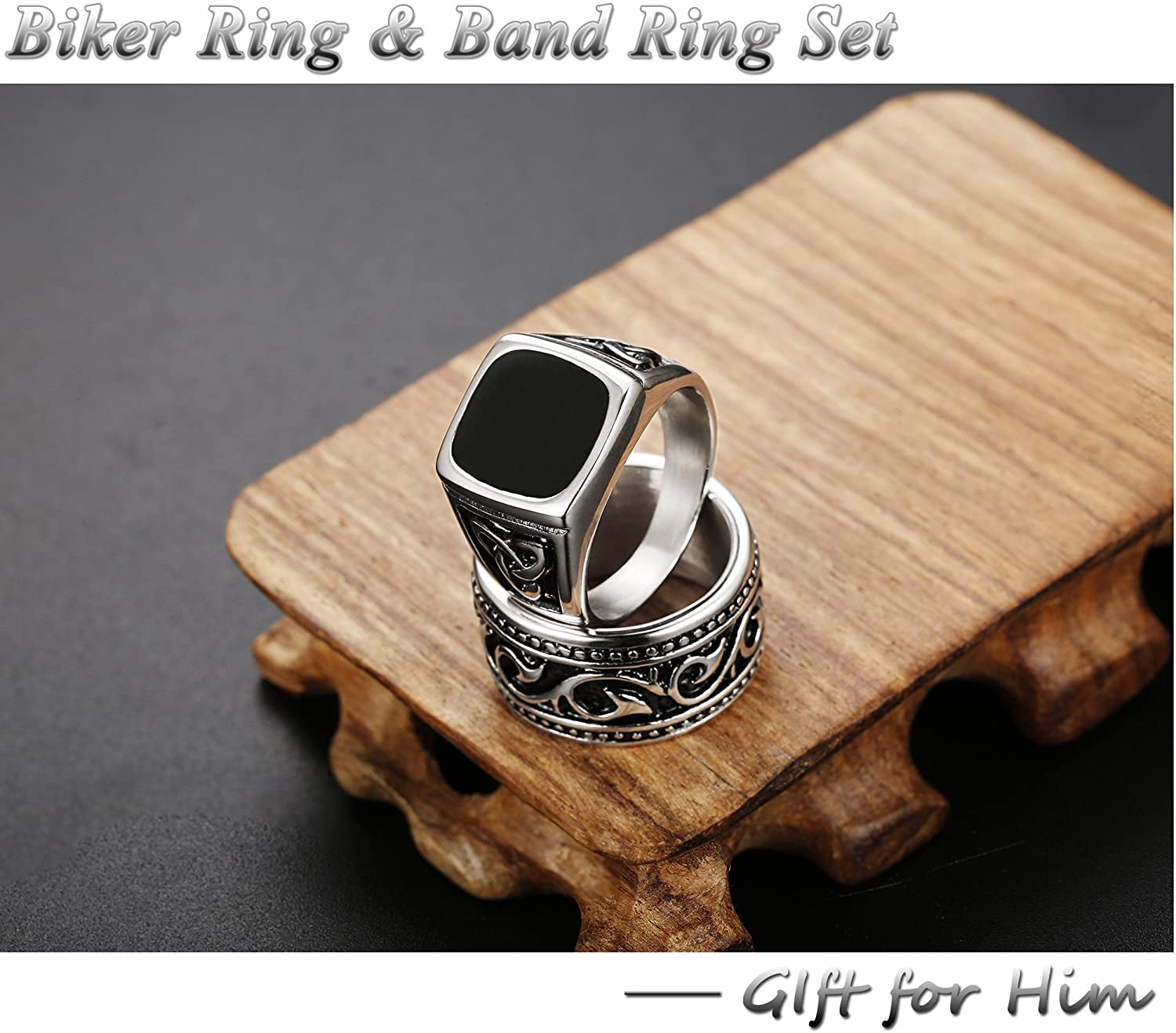 FINREZIO 2Pcs Stainless Steel Rings for Men with Black Stone Retro Band Rings Vintage Signet Rings Biker Rings Set Size 6-14 