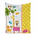 thumbnail image 1 of Cartoon Soft Flannel Fleece Blanket, Baby Kids Design Butterflies Trees Animals Blossoms and Checkered Pattern Ornament, Cozy Plush for Indoor and Outdoor Use, 50" x 60", Multicolor, by Ambesonne, 1 of 6
